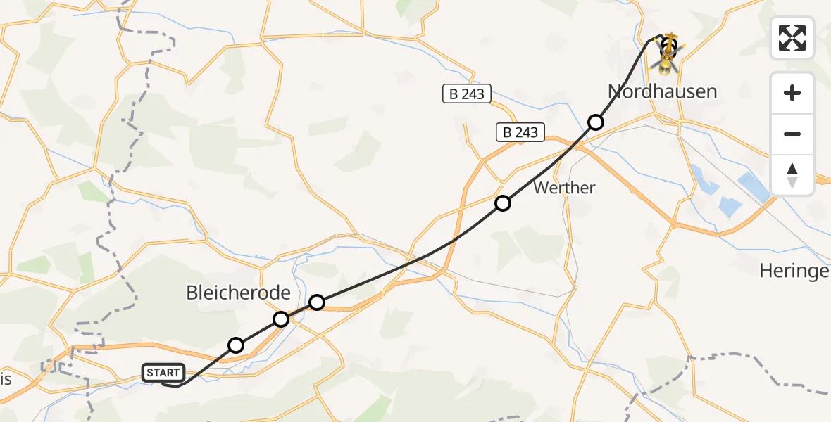 Flugroute Rettungshubschrauber Sollstedt - Südharz Hospital Nordhausen, 25 Oktober 2026, 16:17