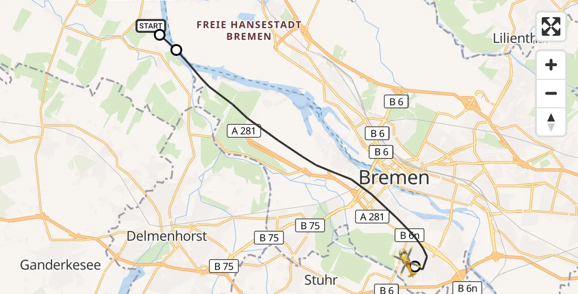 Flugroute Rettungshubschrauber Lemwerder - ADAC Air Rescue Station Bremen Hubschrauberlandeplatz (Christoph 6), 25 Oktober 2026, 16:22