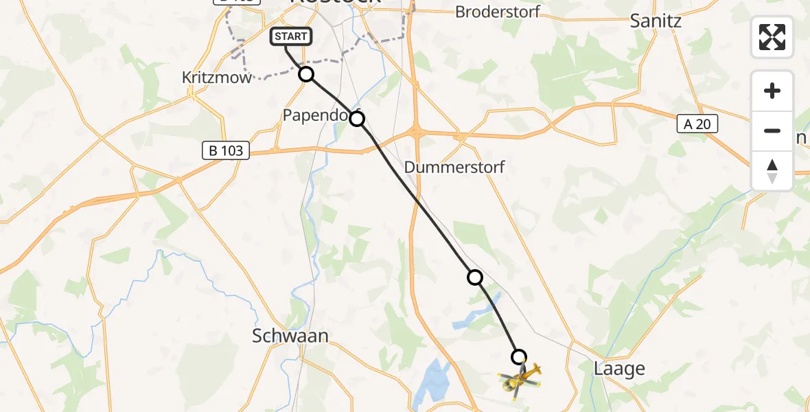 Flugroute Rettungshubschrauber Rostock - Flughafen Rostock-Laage, 25 Oktober 2026, 16:23