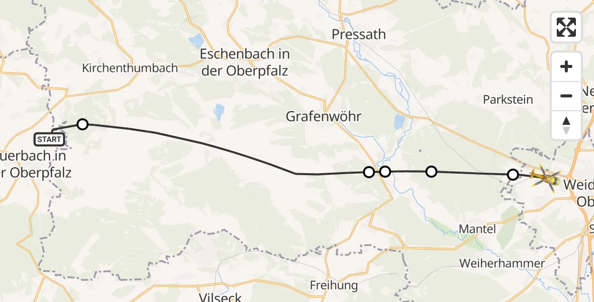 Flugroute Ambulanzhubschrauber Auerbach i.d.OPf. - Weiden i.d.OPf., 25 Oktober 2026, 16:26