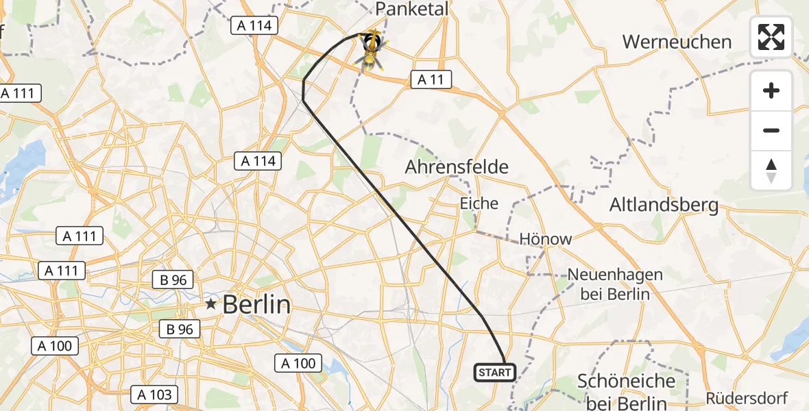 Flugroute Rettungshubschrauber Berlin - Helios Clinic Berlin-Buch, 25 Oktober 2026, 16:31
