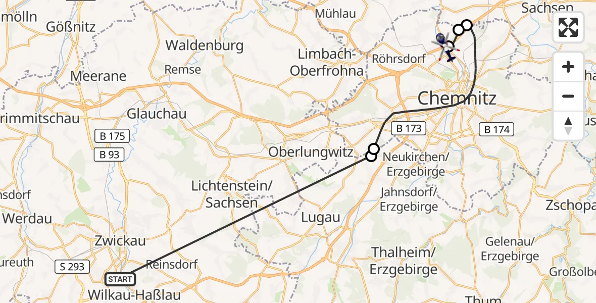 Flugroute Polizeihubschrauber Zwickau - Chemnitz-Glösa Industrial Park Hubschrauberlandeplatz, 25 Oktober 2026, 16:45