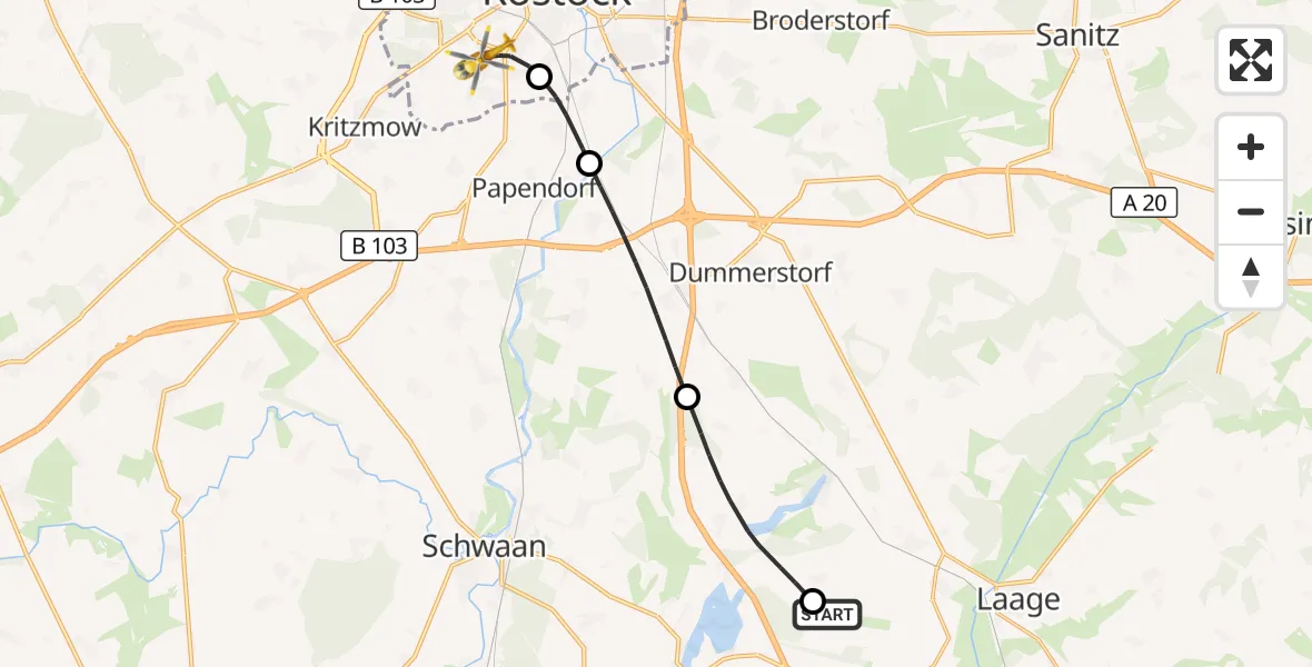 Flugroute Rettungshubschrauber Flughafen Rostock-Laage - Rostock, 25 Oktober 2026, 16:47