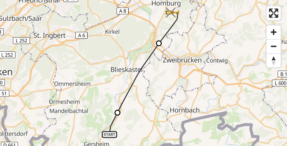 Flugroute Rettungshubschrauber Gersheim - Homburg, 25 Oktober 2026, 16:49