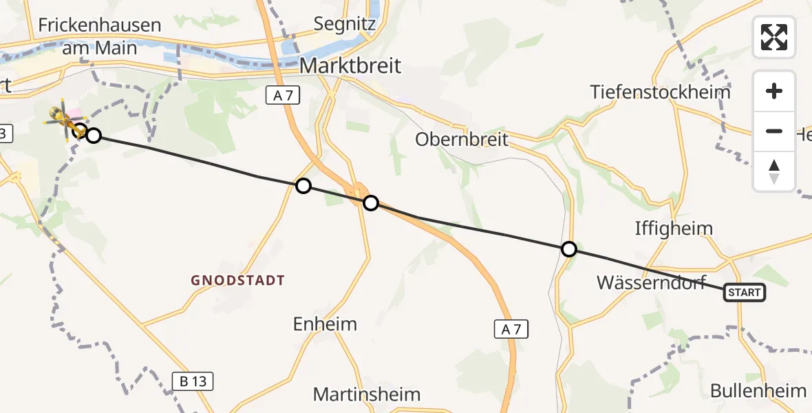 Flugroute Rettungshubschrauber Seinsheim - Ochsenfurt Hospital, 25 Oktober 2026, 16:53