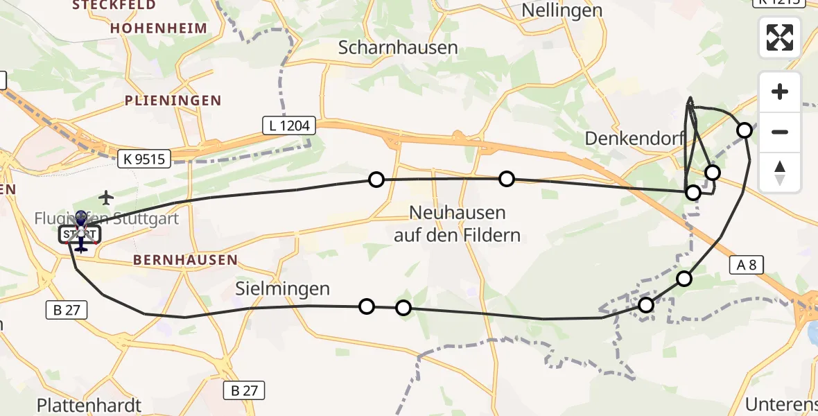 Flugroute Polizeihubschrauber Flughafen Stuttgart - Flughafen Stuttgart, 25 Oktober 2026, 17:09