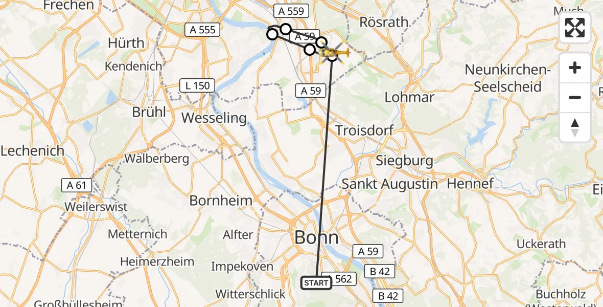 Flugroute Ambulanzhubschrauber Bonn University Hospital - Köln Bonn Flughafen, 25 Oktober 2026, 17:23