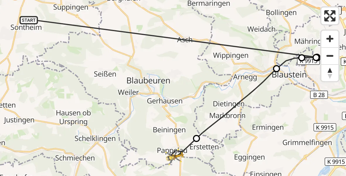 Flugroute Rettungshubschrauber Heroldstatt - Blaubeuren, 25 Oktober 2026, 17:25