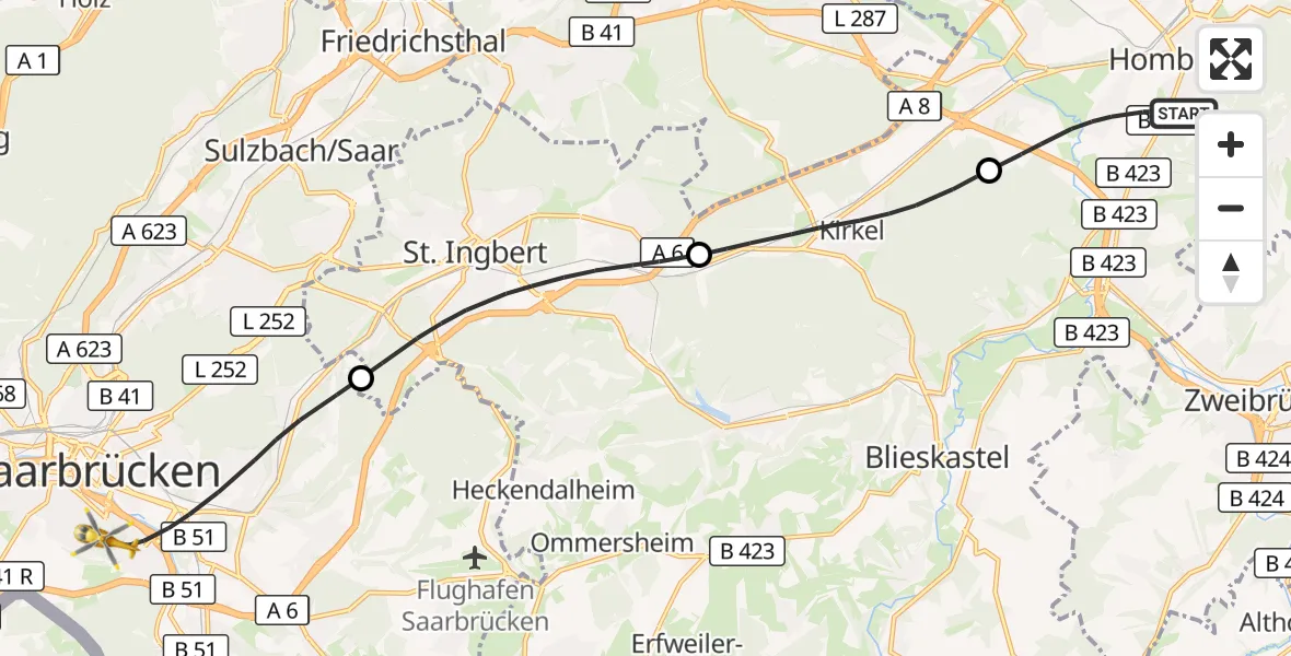 Flugroute Rettungshubschrauber Homburg - Saarbrücken, 25 Oktober 2026, 17:30