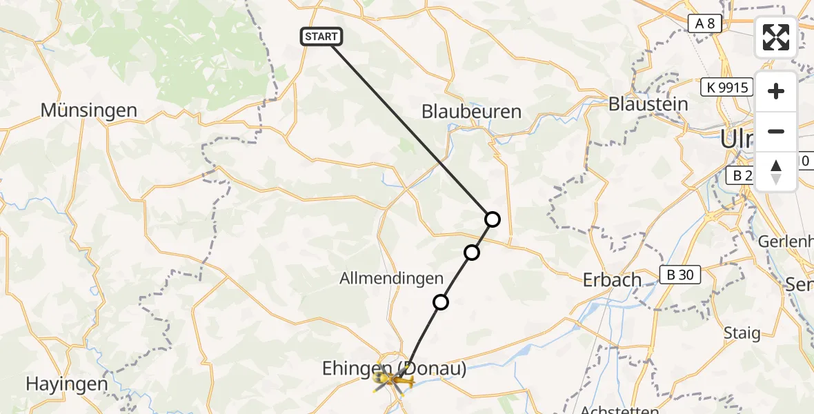 Flugroute Rettungshubschrauber Heroldstatt - Ehingen (Donau), 25 Oktober 2026, 17:56
