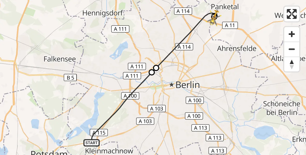 Flugroute Rettungshubschrauber Berlin - Helios Clinic Berlin-Buch, 25 Oktober 2026, 18:21