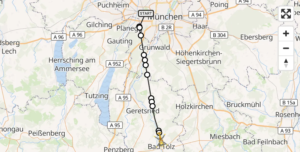 Flugroute Rettungshubschrauber München - Bad Tölz, 25 Oktober 2026, 18:26