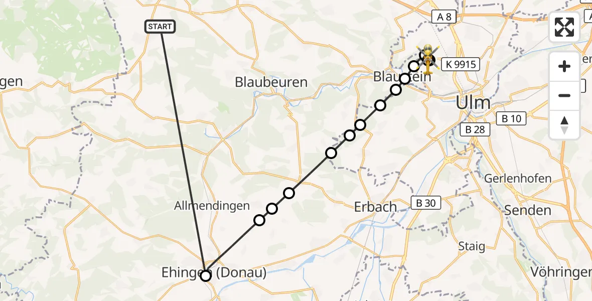 Flugroute Rettungshubschrauber Heroldstatt - ADAC Air Rescue Station Ulm (Christoph 22), 25 Oktober 2026, 18:27