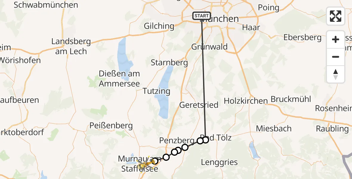 Flugroute Rettungshubschrauber München - Riegsee, 25 Oktober 2026, 19:05
