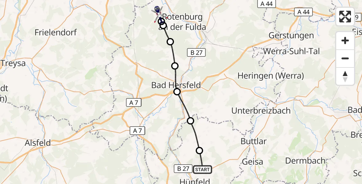 Flugroute Polizeihubschrauber Hünfeld - Alheim, 25 Oktober 2026, 19:06