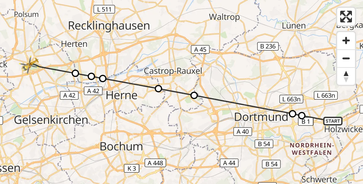 Flugroute Rettungshubschrauber Dortmund - Gelsenkirchen, 25 Oktober 2026, 21:14