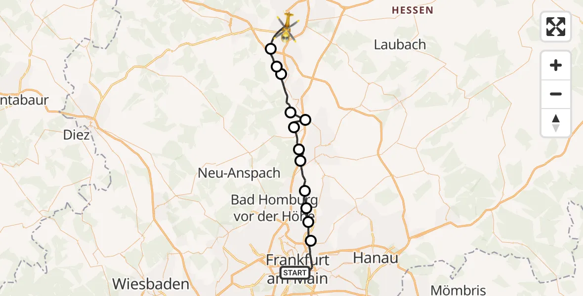 Flugroute Ambulanzhubschrauber Frankfurt am Main - Gießen, 25 Oktober 2026, 21:26