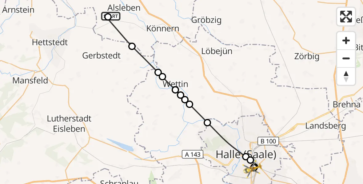 Flugroute Rettungshubschrauber Alsleben (Saale) - BG Hospital Bergmannstrost Halle, 25 Oktober 2026, 21:29