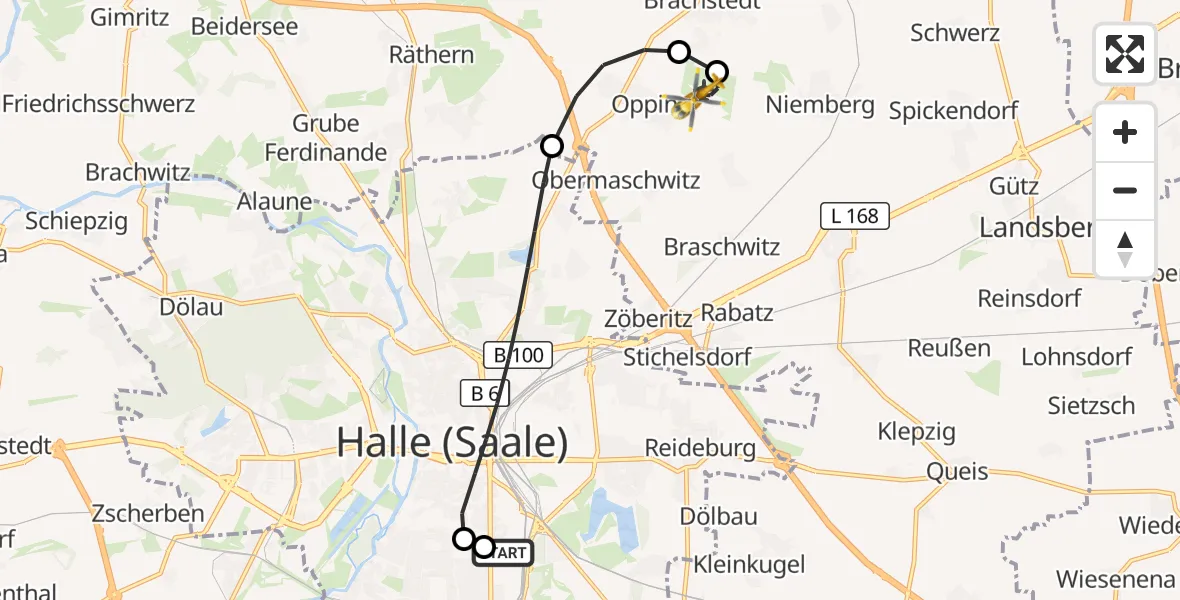 Flugroute Rettungshubschrauber BG Hospital Bergmannstrost Halle - Halle-Oppin Flugplatz, 25 Oktober 2026, 21:32
