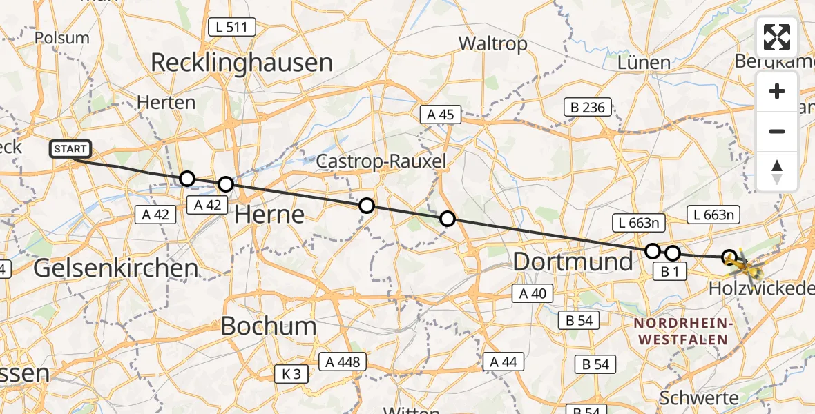 Flugroute Rettungshubschrauber Gelsenkirchen - Dortmund Flughafen, 25 Oktober 2026, 21:48