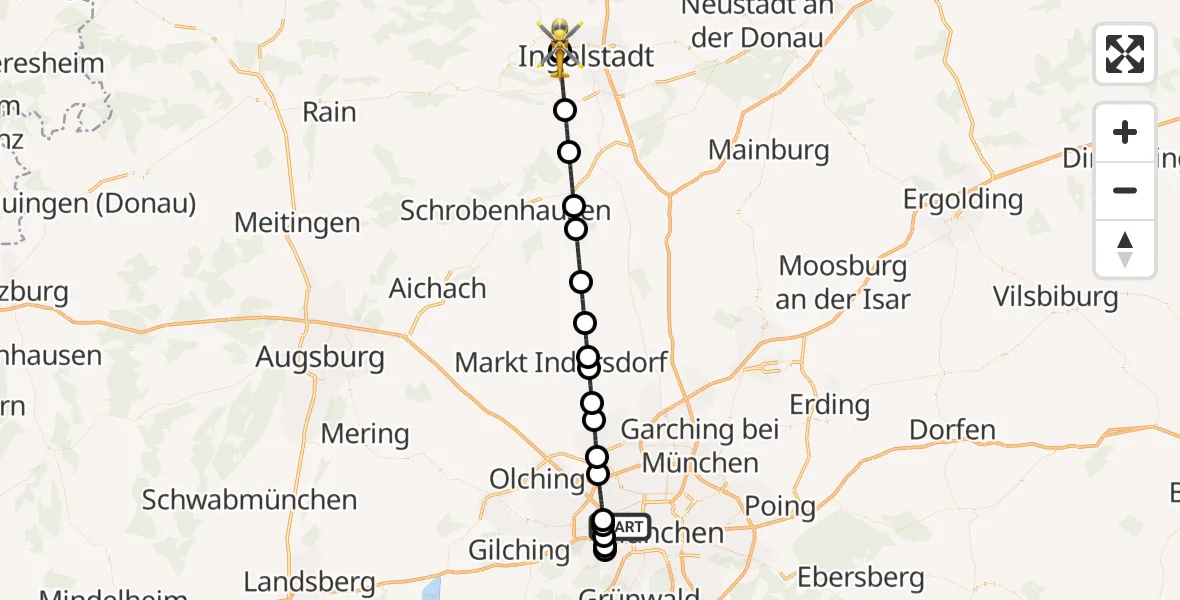 Flugroute Rettungshubschrauber München - Ingolstadt Hospital, 25 Oktober 2026, 22:03