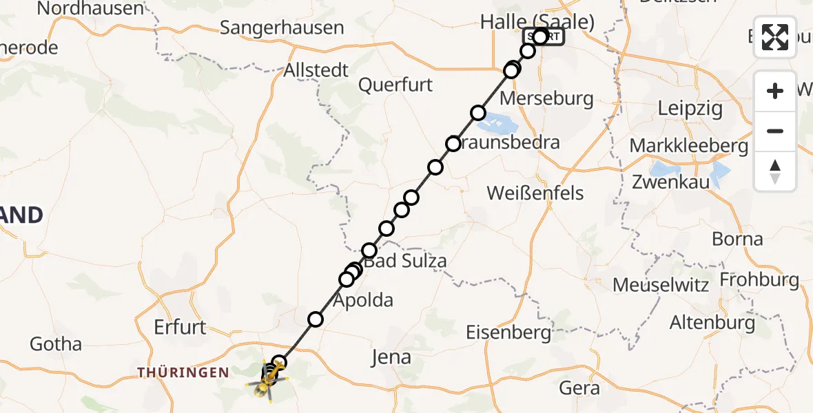 Flugroute Rettungshubschrauber BG Hospital Bergmannstrost Halle - Bad Berka Central Hospital, 25 Oktober 2026, 22:12