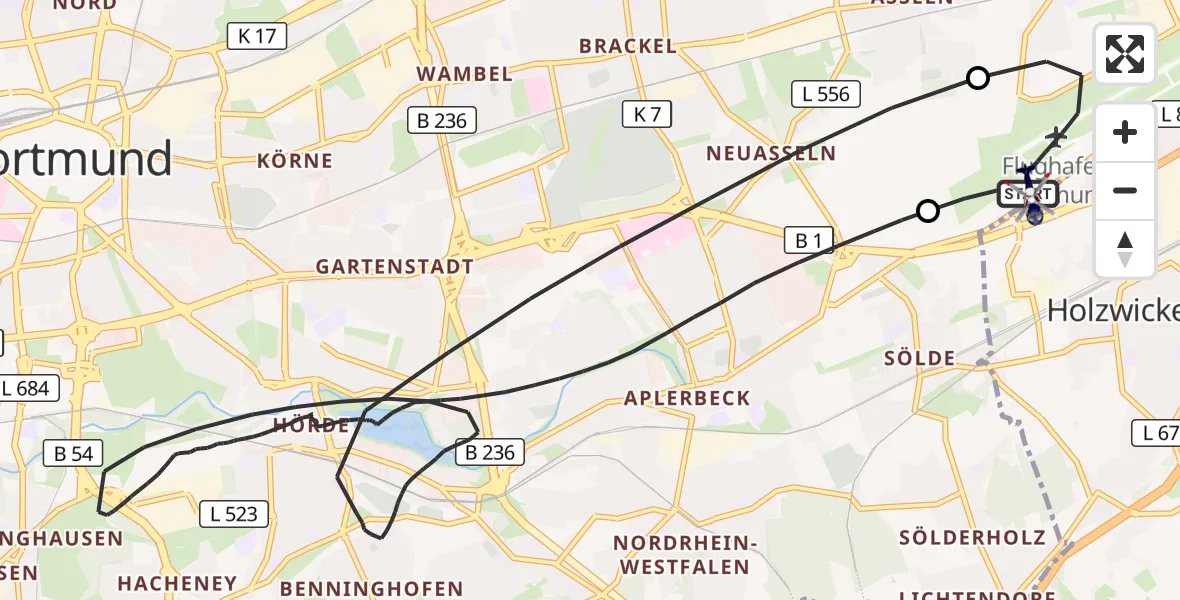 Flugroute Polizeihubschrauber Dortmund Flughafen - Dortmund Flughafen, 25 Oktober 2026, 23:38