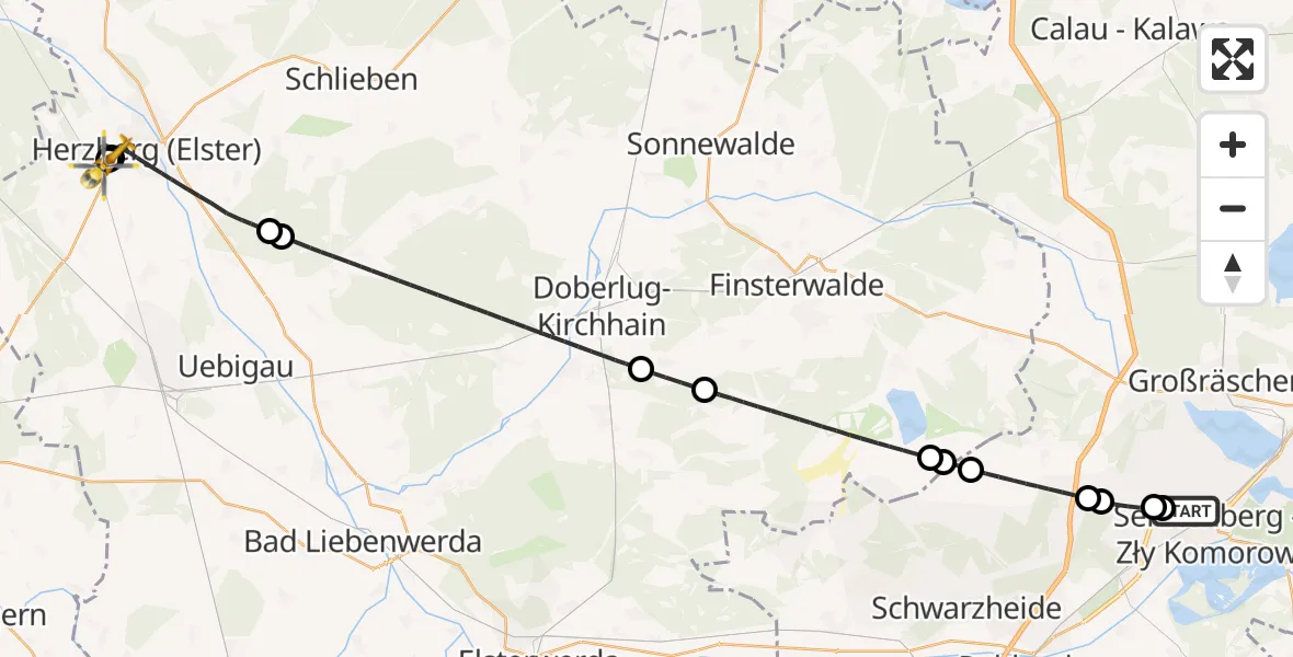 Flugroute Ambulanzhubschrauber ADAC Luftrettungsstation Senftenberg Hubschrauberlandeplatz - Elbe-Elster Hospital Herzberg, 26 Oktober 2026, 00:17
