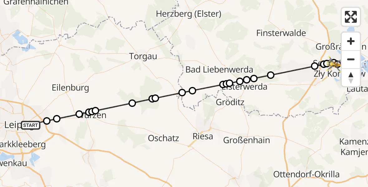 Flugroute Ambulanzhubschrauber Leipzig - ADAC Luftrettungsstation Senftenberg Hubschrauberlandeplatz, 26 Oktober 2026, 02:21