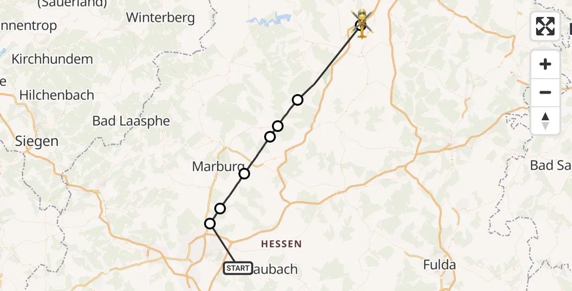 Flugroute Ambulanzhubschrauber Lich - Gudensberg, 26 Oktober 2026, 03:05