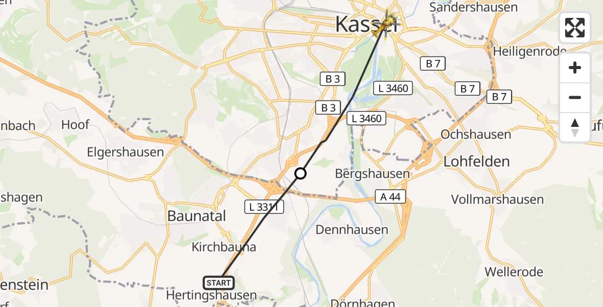 Flugroute Ambulanzhubschrauber Baunatal - Kassel, 26 Oktober 2026, 03:24