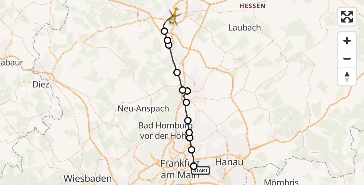 Flugroute Ambulanzhubschrauber Offenbach am Main - Gießen, 26 Oktober 2026, 05:16