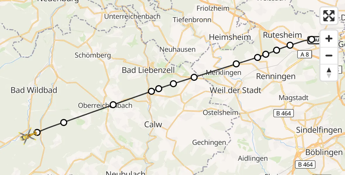 Flugroute Rettungshubschrauber Leonberg Hospital - Bad Wildbad, 26 Oktober 2026, 06:35