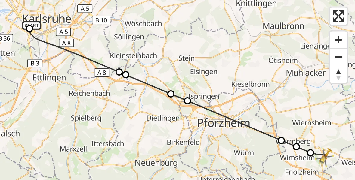 Flugroute Ambulanzhubschrauber Sankt Vincentius Hospital - Mönsheim, 26 Oktober 2026, 06:40