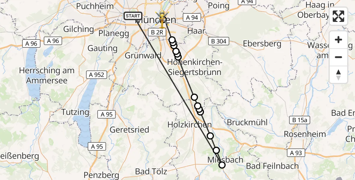 Flugroute Rettungshubschrauber München - Rechts der Isar University Hospital, 26 Oktober 2026, 06:45