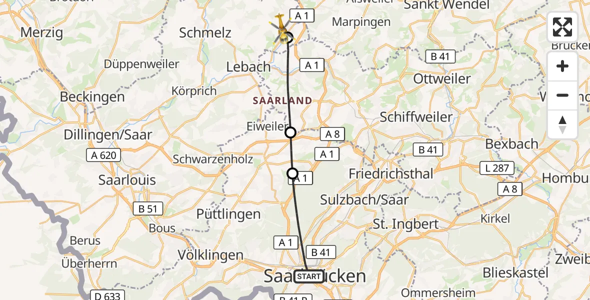 Flugroute Rettungshubschrauber Saarbrücken - Lebach, 26 Oktober 2026, 06:45