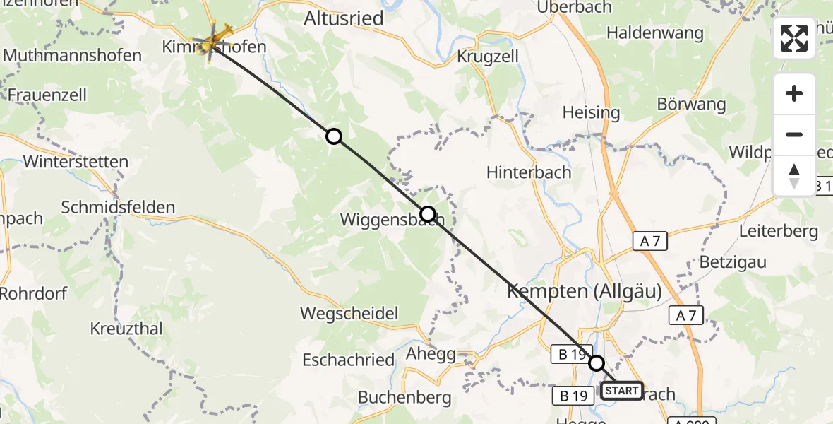 Flugroute Rettungshubschrauber Durach - Altusried, 26 Oktober 2026, 06:48