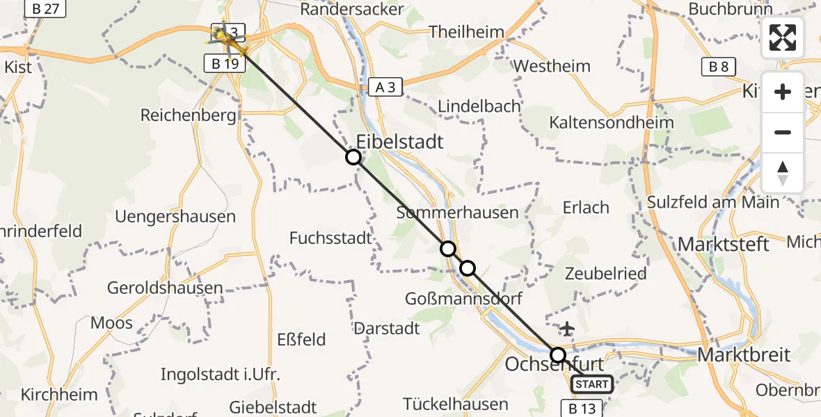 Flugroute Rettungshubschrauber Ochsenfurt Hospital - Würzburg, 26 Oktober 2026, 07:08