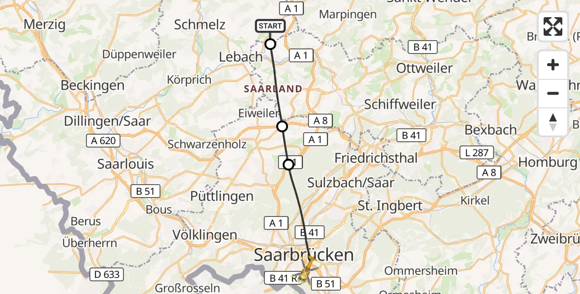 Flugroute Rettungshubschrauber Lebach - Saarbrücken, 26 Oktober 2026, 07:09
