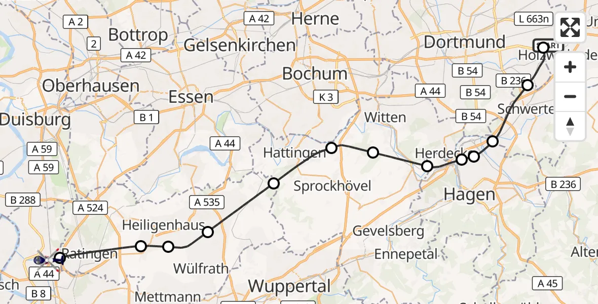 Flugroute Polizeihubschrauber Dortmund Flughafen - Düsseldorf Flughafen, 26 Oktober 2026, 07:15