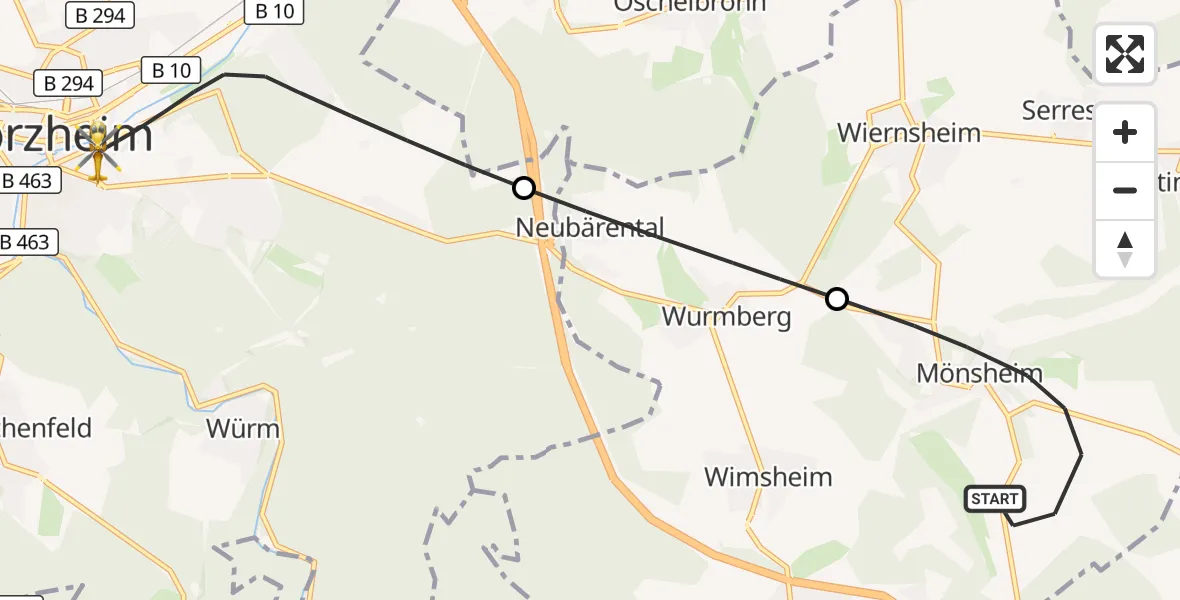Flugroute Ambulanzhubschrauber Mönsheim - Pforzheim, 26 Oktober 2026, 07:16