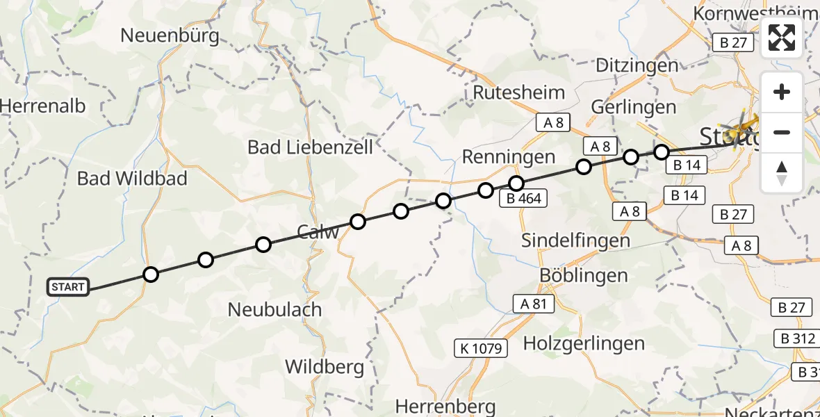 Flugroute Rettungshubschrauber Bad Wildbad - Stuttgart, 26 Oktober 2026, 07:19