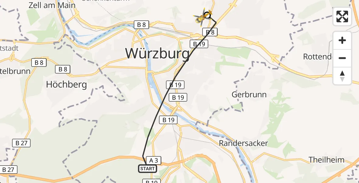 Flugroute Rettungshubschrauber Würzburg - Würzburg University Hospital Rooftop, 26 Oktober 2026, 07:30