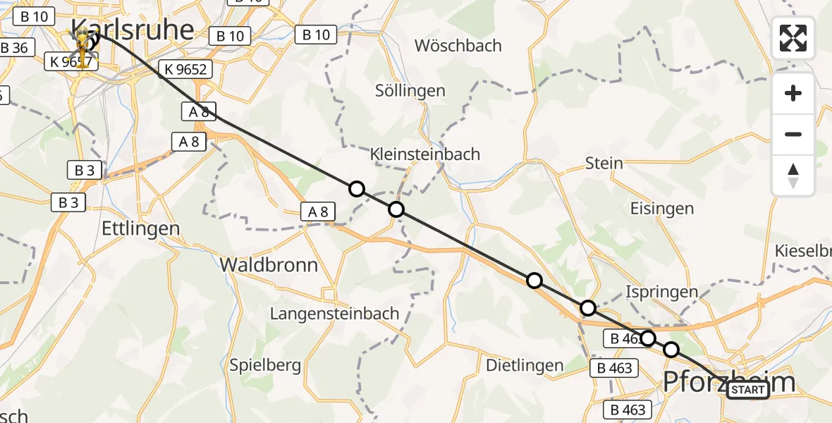 Flugroute Ambulanzhubschrauber Pforzheim - Sankt Vincentius Hospital, 26 Oktober 2026, 07:49