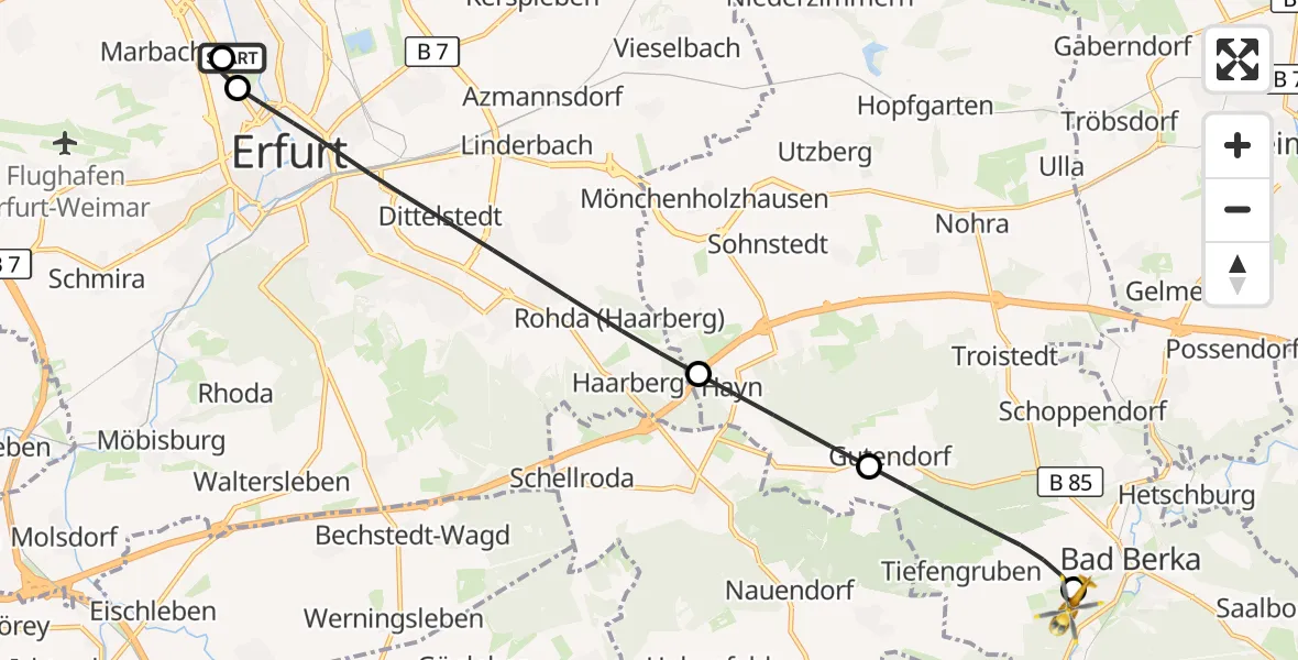 Flugroute Rettungshubschrauber Helios Clinic Erfurt - Bad Berka Central Hospital, 26 Oktober 2026, 07:53