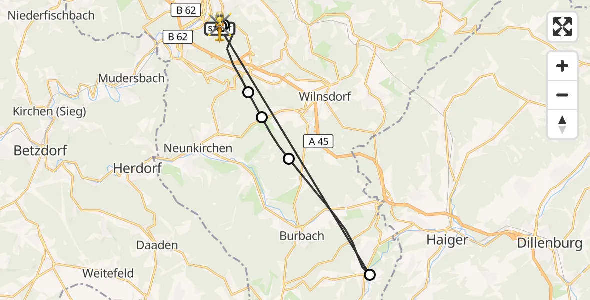 Flugroute Rettungshubschrauber Evangelisches Jung-Stilling Hospital - Evangelisches Jung-Stilling Hospital, 26 Oktober 2026, 07:57