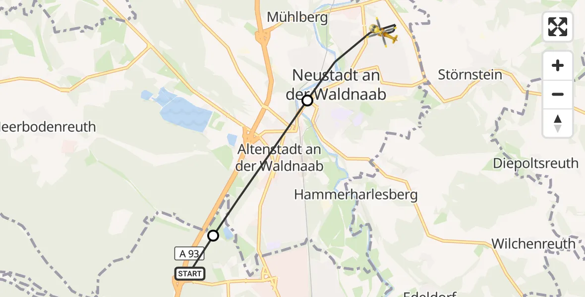 Flugroute Ambulanzhubschrauber Weiden i.d.OPf. - Neustadt a.d.Waldnaab, 26 Oktober 2026, 07:59