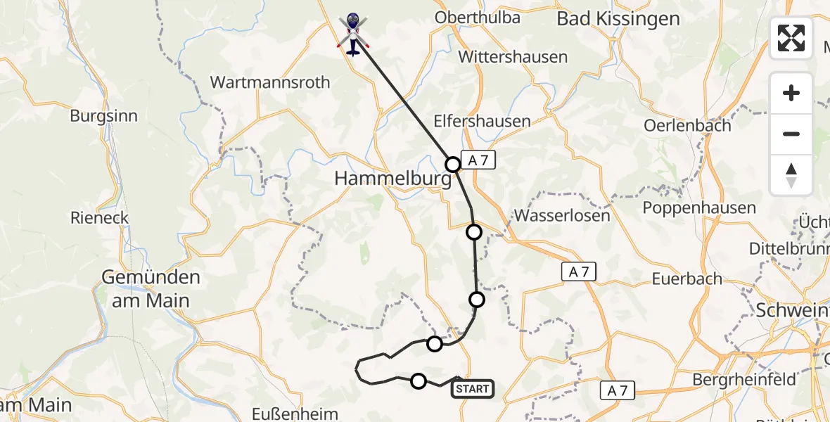 Flugroute Polizeihubschrauber Arnstein - Oberthulba, 26 Oktober 2026, 08:01