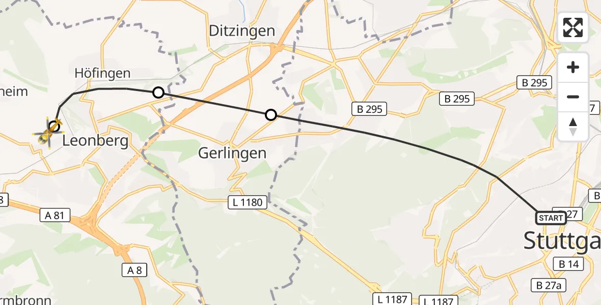Flugroute Rettungshubschrauber Stuttgart - Leonberg Hospital, 26 Oktober 2026, 08:05