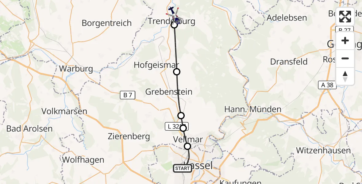 Flugroute Polizeihubschrauber Kassel - Trendelburg, 26 Oktober 2026, 08:06